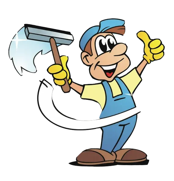 Logo Fröhlicher Cartoon-Handwerker mit Fensterputzer und Daumen hoch.